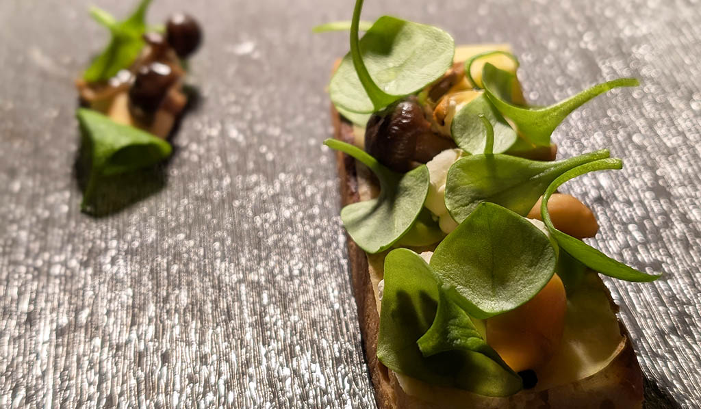 Brioche mit Petersiliencreme, gelber Karotte, rauchigem Popcorn und Buchenpilzen. Foto: Carola Faber