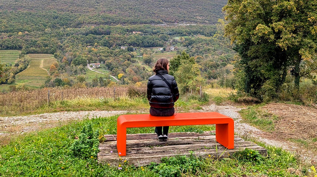 Orange-Wein, orangefarbene Bänke. Foto: Carola Faber